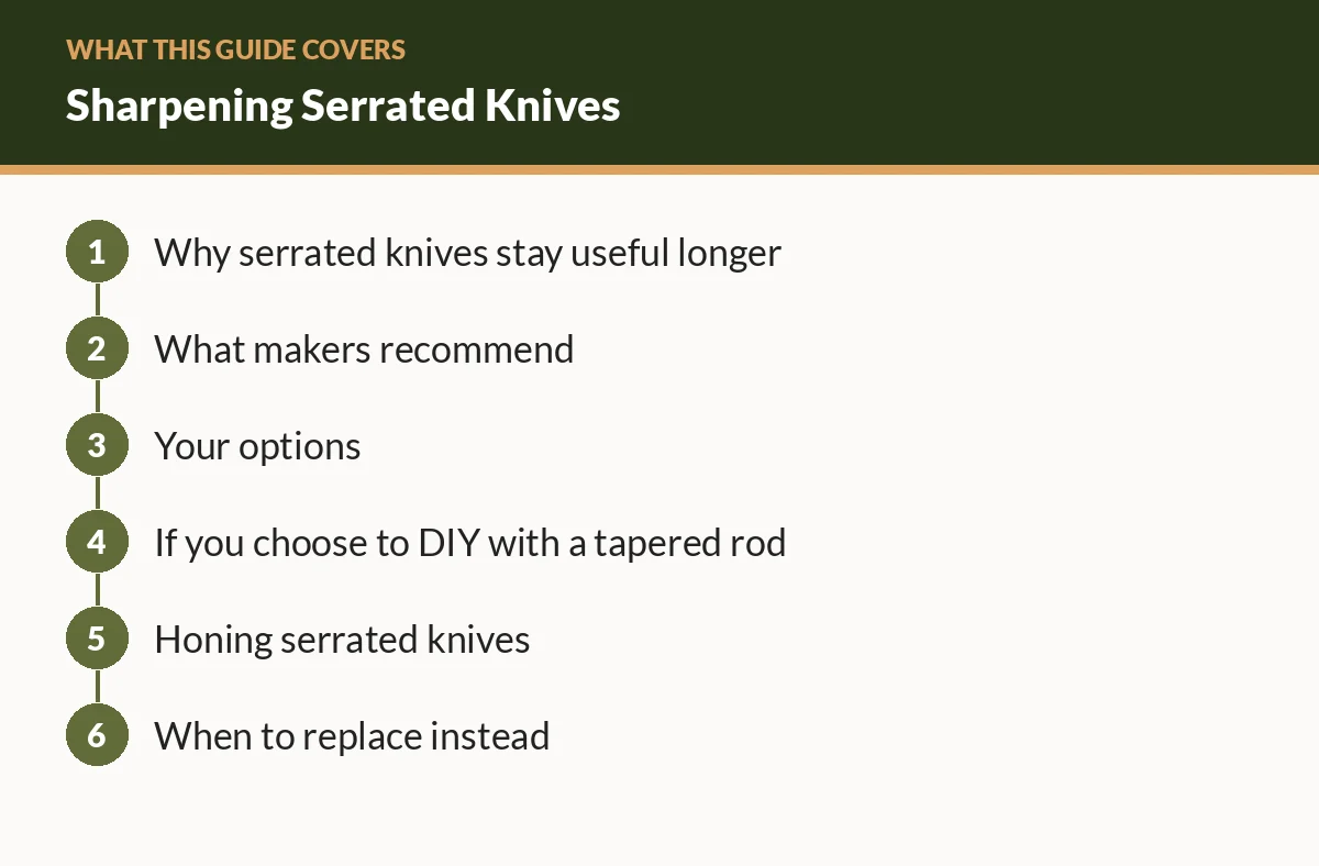 Diagram of the sections in this guide: Why serrated knives stay useful longer; What makers recommend; Your options; If you choose to DIY with a tapered rod; Honing serrated knives; When to replace instead